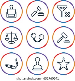 Law icons set. set of 9 law outline icons such as stamp, cigarette, sheriff, no signal, ball chain, auction hummer
