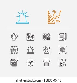 Law icons set. Auction and law icons with math, handcuff, compliance. Set of contact for web app logo UI design.
