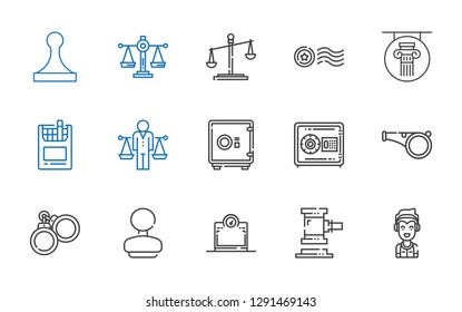 law icons set. Collection of law with marshall, auction, scale, rubber stamp, handcuffs, whistle, safebox, balance, cigarettes, column, stamp. Editable and scalable law icons.