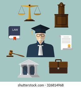 Law icons. Set of elements and symbols law and justice. Modern design vector illustration flat icon.