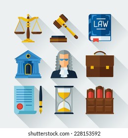 Law icons set in flat design style.