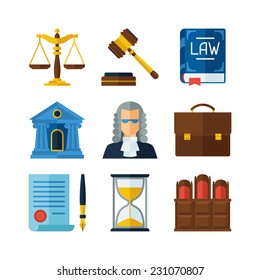 Law icons set in flat design style.