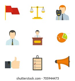 Law icons set. Flat style set of 9 law vector icons for web design