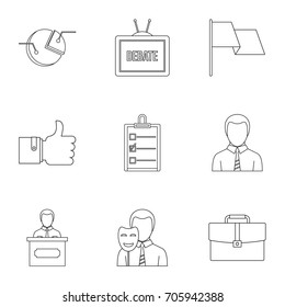 Law icons set. Outline style set of 9 law vector icons for web design