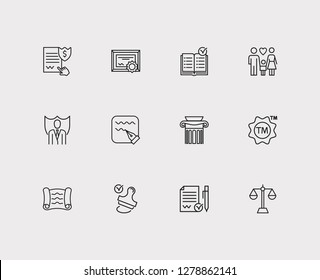Law icons set. Stamp and law icons with scroll, column and rule. Set of person for web app logo UI design.