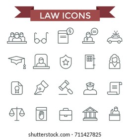 Law icons, thin line flat design