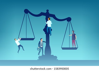 Law influence concept. Vector of a group of competing people climbing up the justice scales