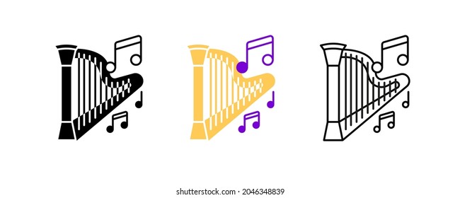 Law instrument and musical notes icon set. Entertainment and music icon. Art vector illustration set. Editable row set. Silhouette, colored, linear icon set.