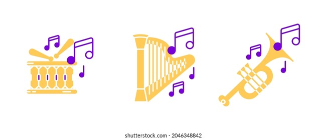 Law instrument, xylophone, trumpet and musical notes icon set. Entertainment and music icon. Art vector illustration set. Editable row set. Colored icon set.