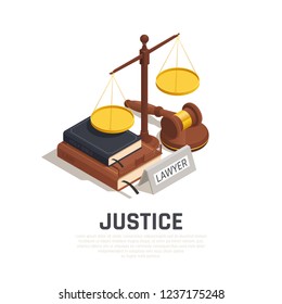 Law isometric composition with mallet legal code book bible and scale of justice symbol vector illustration