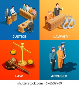 Law isometric design concept compositions of judge jury lawyer and accused human characters during legal trial vector illustration