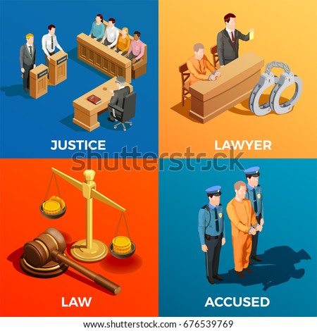 Law isometric design concept compositions of judge jury lawyer and accused human characters during legal trial vector illustration