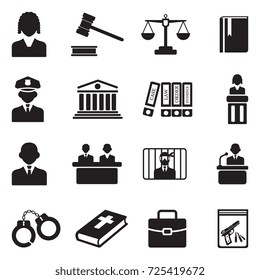 Law, Judge And Court Icons. Black Flat Design. Vector Illustration.