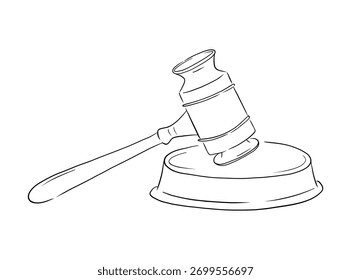 Desenho de martelo de juiz de direito. Estilo de esboço do juiz. Ilustração isolada de vetor desenhado à mão