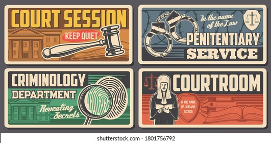 Law judge, justice court and legal lawyer courtroom, vector gavel and law book. Courthouse jury and criminal court, criminology department and penitentiary police service, vintage retro posters