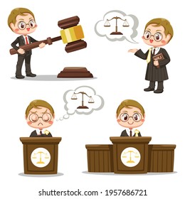 Law judge man in black robe costume holding Book of Law and Bag, Justice scales and wooden judge gavel, Law hammer and Throne of court of justice in cartoon character, isolated vector illustration