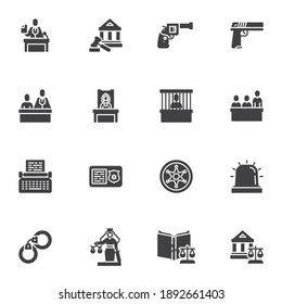 Juego de iconos vectoriales de ley y juicio, colección moderna de símbolos sólidos, paquete de pictogramas estilo relleno. Señales, ilustración del logotipo. El juego incluye íconos como abogado, juicio penal, arresto de prisioneros, evidencia y arma