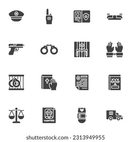 Die Vektorsymbole des Gesetzes und der Richterstellung, moderne solide Symbolsammlung, gefülltes Piktogramm-Paket im Stil. Zeichen, Logo-Illustration. Set enthält Symbole wie Polizeischild, Polizistenkappe, Gefängnis, Rechtsbuch, Justiz 