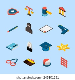 Law and judgment icons isometric set with jury attorney handcuffs isolated vector illustration