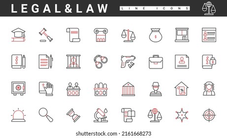 Law, Judgment And Justice, Legal Judicial Documents, Thin Red And Black Line Icons Set Vector Illustration. Abstract Judge, Lawyer And Criminals In Prison, Crime Evidence, Handcuff And Sheriff Symbol