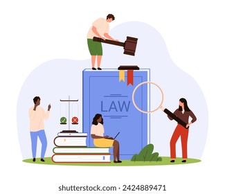 Law and judgment, legal documents, defense of clients order and rights. Tiny people work with magnifying glass and judges gavel on authority Law paper book, support justice cartoon vector illustration