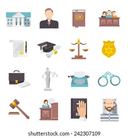 Law and judgment legal justice icon flat set isolated vector illustration