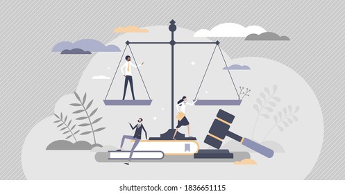 Law as jurisprudence knowledge study and judge occupation tiny person concept. Decision verdict with symbolic gavel as authority right for judgment vector illustration. Justice control and protection.