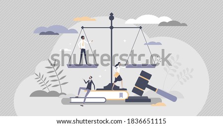 Law as jurisprudence knowledge study and judge occupation tiny person concept. Decision verdict with symbolic gavel as authority right for judgment vector illustration. Justice control and protection.