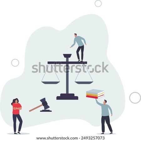 Law as jurisprudence knowledge study and judge occupation.Decision verdict with symbolic gavel as authority right for judgment .flat design.illustration with people.