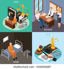 Law justice 4 isometric concept compositions with investigation convict prison cell court proceedings accessories isolated vector illustration 