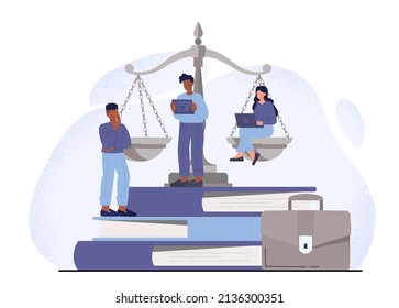 Law and Justice abstract concept. Men and women stand on books next to scales, work on laptop and think about legal issues. Lawyer or notary services. Cartoon contemporary flat vector illustration svg