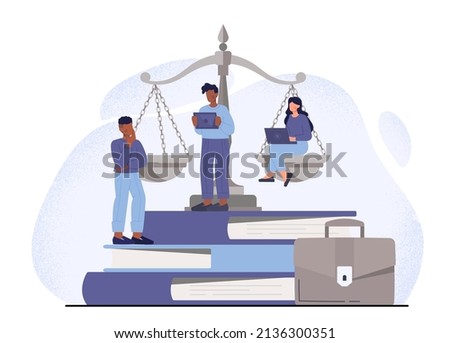 Law and Justice abstract concept. Men and women stand on books next to scales, work on laptop and think about legal issues. Lawyer or notary services. Cartoon contemporary flat vector illustration
