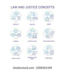 Law and justice blue gradient concept icons set. Equity and fairness. Human rights protection idea thin line color illustrations. Isolated symbols. Roboto-Medium, Myriad Pro-Bold fonts used