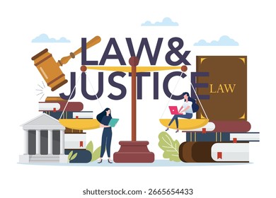 Clase de derecho y justicia con Elementos de derecho. Escalas de justicia, mazo y libro. Ilustración vectorial
