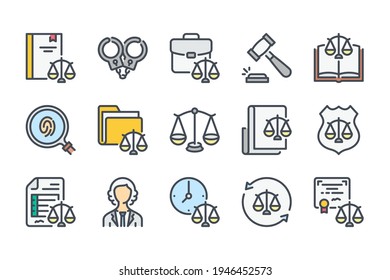 Law And Justice Color Line Icon Set. Judgement And Lawyer Linear Icons. Court Of Law And Judge Colorful Outline Vector Sign Collection.