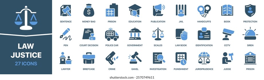 Law and justice colored signed icon collection. Jail, siren, lawyer, prison, judge icons. UI icon set. Colored icons pack. Vector illustration EPS10