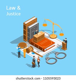 Law Justice Composition Concept 3d Isometric View Include of Court, Judge, Lawyer, Gavel, Legislation and Handcuff. Vector illustration