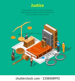 Law Justice Composition Concept Card 3d Isometric View Include of Court, Judge, Lawyer, Gavel, Legislation and Handcuff. Vector illustration