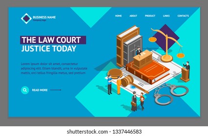 Law Justice Composition Concept Landing Web Page Template 3d Isometric View Include of Court, Judge, Lawyer, Gavel, Legislation and Handcuff. Vector illustration