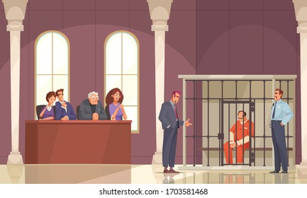 Law justice composition with indoor court scenery and prisoner in cage with trial jury human characters vector illustration