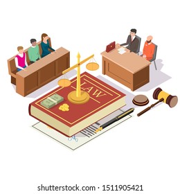 Law And Justice Composition, Vector Illustration. Criminal Trial In Courtroom With Isometric Jury, Defendant And Attorney For Defence Characters, Law Book, Scales Of Justice, Money, Gavel.