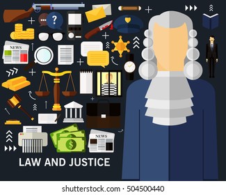 Law and justice concept background. Flat icons.
