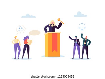 Recht und Gerechtigkeit Konzept mit Charakteren und Judizesellen, Rechtsbuch, Rechtsanwalt. Mit Gavel in Courtroom und Court Jury People zu urteilen. Vektorillustration