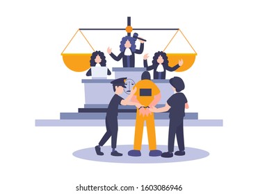 Law and Justice Concept with Characters and Judicial Elements, prisoner, Gavel, and Lawyer. Vector flat elements of judgment and court jury people. Idea concept of advocate and the judge.