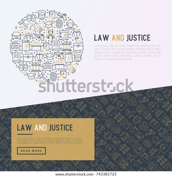 Law and justice concept in circle with thin line\
icons: judge, policeman, lawyer, fingerprint, jury, agreement,\
witness, scales. Vector illustration for banner, web page, print\
media.