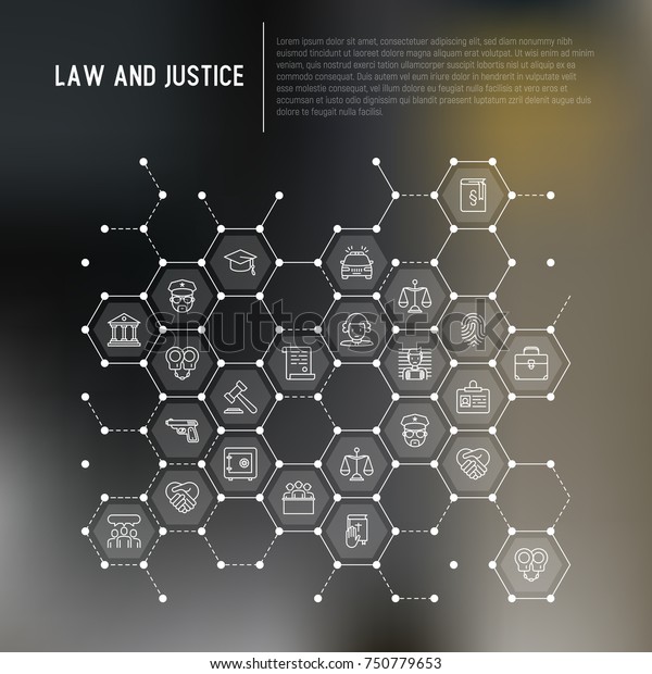 Law and\
justice concept in honeycombs with thin line icons: judge,\
policeman, lawyer, fingerprint, jury, agreement, witness, scales.\
Vector illustration for banner, print\
media.