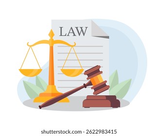 Law and Justice concept illustration. Gavel, Libra and Document. Vector isolated on white. 