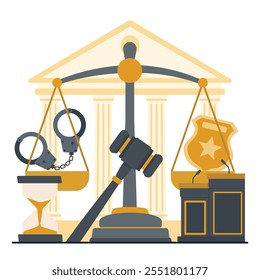 Law and justice concept with judge, scales of justice, lawyer and law books vector illustration
