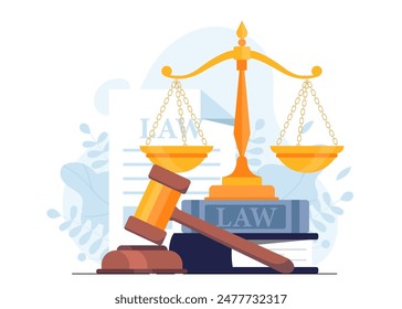 Law and justice concept. Judges gavel next to stack of books and gold scales. Legal support of deals and agreements, jurisprudence. Cartoon flat vector illustration isolated on white background