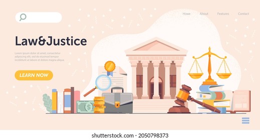 Law and justice concept. Landing page, guide. Graphic elements for legal sites, lawyer, notary. Judges gavel hits table, judgement. Cartoon flat vector illustration isolated on beige background